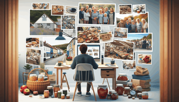 A small business owner in Beaminster writes a blog post on a laptop, surrounded by local products and community photos.