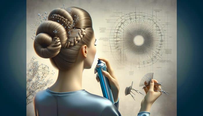 Woman with elegant updo using hairspray and hairpins for touch-ups throughout the day.