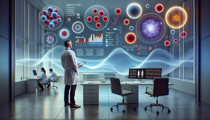 UK doctor examines digital ferritin test results showing balanced iron levels, with icons of healthy cells and averted crises.