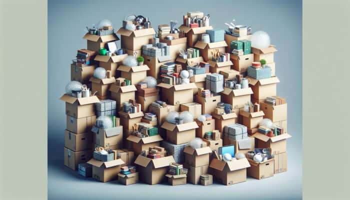 Sturdy boxes with neatly packed items, including books, kitchenware, and wrapped fragile items, gaps filled with clothes and towels.