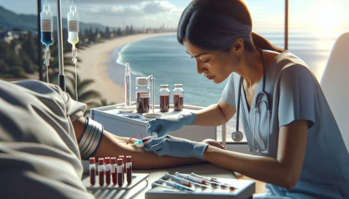 Nurse performs venipuncture on patient's arm in Eastbourne clinic for liver test, with vials labeled for bilirubin, ALT, and AST.