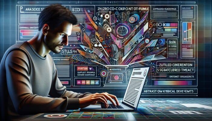 A user at a laptop conducting a zero-click search with structured content and graphs analyzing user behaviour.