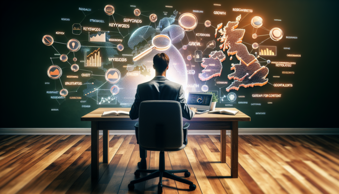 Small business owner in Chard, UK, using laptop with Google Keyword Planner amid floating keywords, rising graphs, and UK map for SEO.