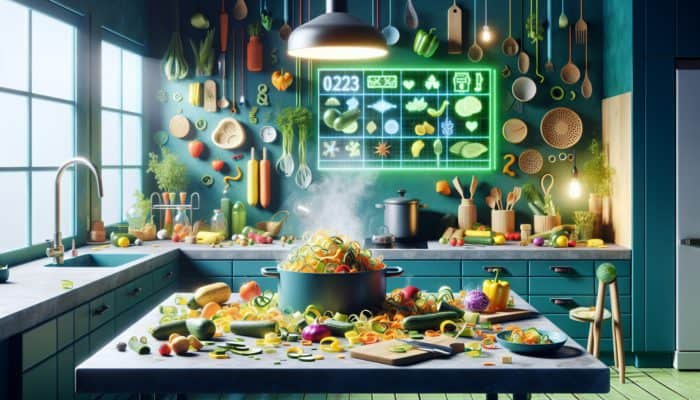 A colourful kitchen scene showing vegetable peels transformed into nutritious stock, highlighting eco-friendly upcycling.