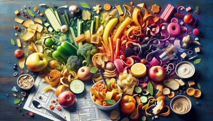 Colourful kitchen scene with food scraps transformed into delicious upcycled dishes.