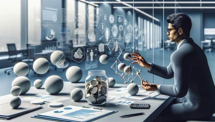 Person reviewing financial documents, consulting advisor, and saving into emergency fund in UK office.