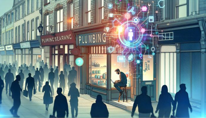 A vibrant Bridgwater high street with a plumbing shop owner analyzing SEO on a laptop, holographic search results floating above amidst crowds.