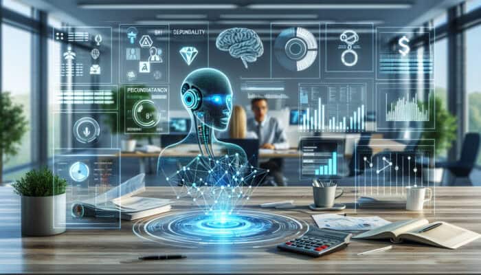 A modern office with an AI virtual assistant on a holographic screen responding to bookkeeping queries, as an analyst reviews transactions in a digital ledger surrounded by charts and invoices.