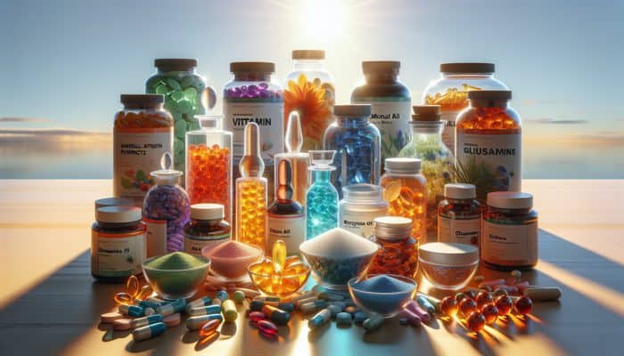 Supplements for Injury Prevention: A sunlit table displays vibrant injury-prevention supplements: colorful vitamin bottles, mineral capsules, amino acid powders, herbal extracts, omega-3 oils, and glucosamine crystals.