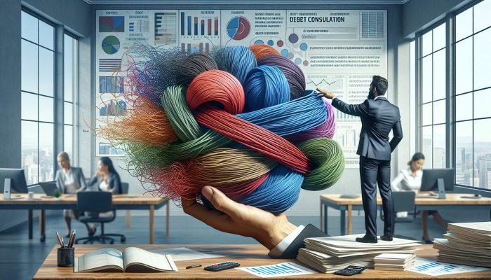 How to Qualify for Debt Consolidation with Poor Credit: UK Guide | DCL A person merging colorful tangled strings into one clear string, symbolising debt consolidation, in a calming office.