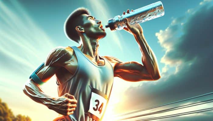 A runner in mid-stride during a marathon pauses to sip from a water bottle, sweat glistening on their focused face under a sunny sky.