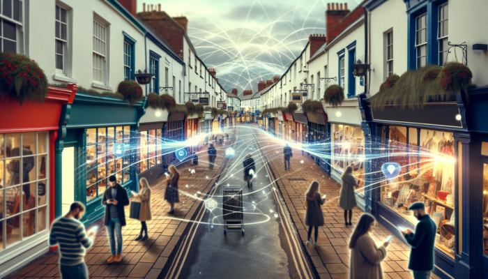 E-commerce SEO in Newton Abbot for Small Business: A bustling high street in Newton Abbot with quaint shops and glowing holographic keywords like "e-commerce SEO"; shoppers on smartphones analyzing search graphs.