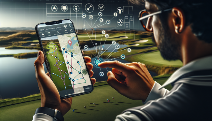 A golfer using a smartphone app to view a detailed map of a South African golf course with gameplay tips.
