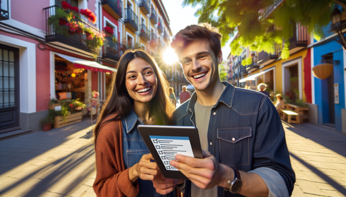 Young couple explores vibrant neighbourhood as first-time buyers, using checklist, chatting with locals, and checking map on sunny day.