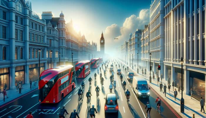 Bustling London street at dawn: cyclists on lanes, pedestrians walking, red double-decker buses and trains, under clear blue sky symbolising sustainability.