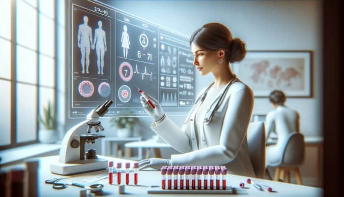 Understanding the Beta-HCG Test: A female doctor in a white coat analyzes a blood sample for beta-HCG in a modern NHS clinic, surrounded by medical charts and equipment, representing early pregnancy detection.