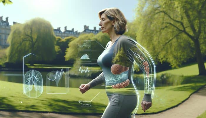 A middle-aged British woman in perimenopause, showcasing weight gain and muscle loss in a peaceful UK park, symbolising resilience and health awareness.