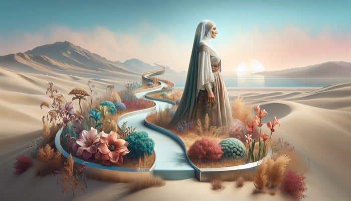 What Blood Tests Confirm Menopause?: Serene woman in her 50s amid fading flowers and winding path, symbolising menopause stages, with calm horizon in soft pastels.