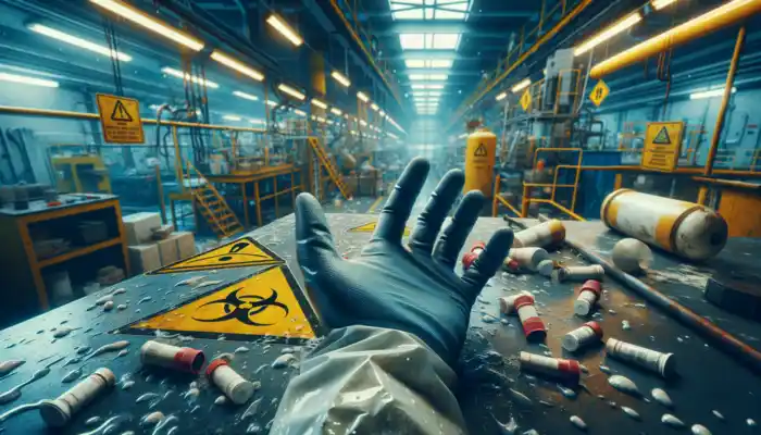 A worker in a UK factory with torn vinyl gloves, exposing skin to chemicals, showing an alarmed face amid yellow warning signs and machinery.