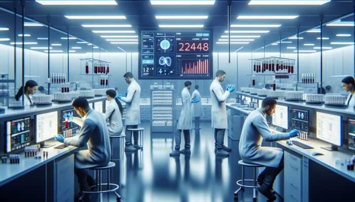 Technicians in white coats analyze liver blood samples in a modern UK laboratory, with timers showing 24-48 hour processing times.