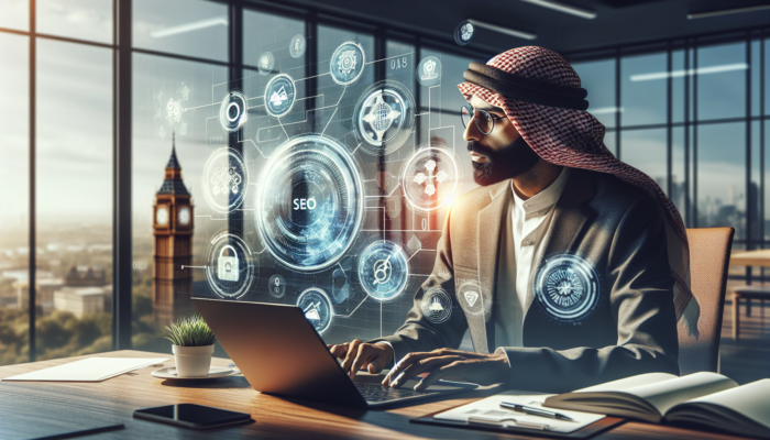 A UK small business owner writing a blog on a laptop in a modern office, with floating SEO elements and Big Ben visible.
