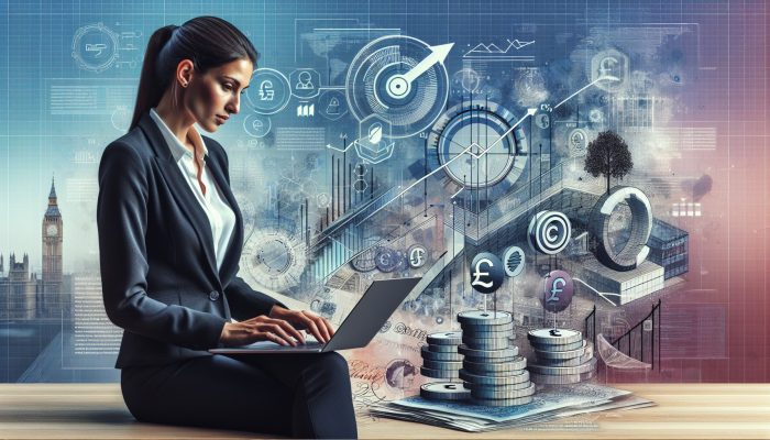 Professional in a modern London office comparing debt consolidation loans on a laptop, surrounded by interest rate graphs, pound notes, and financial growth symbols.