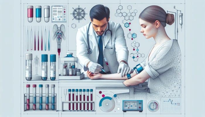 Testosterone Blood Test In Southampton: A focused NHS doctor in a modern UK clinic draws blood from a patient's arm for a testosterone test, with lab equipment and hormone charts in the background.