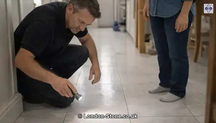 Specialist kneeling to assess porcelain tiles and grout during an in-home inspection.