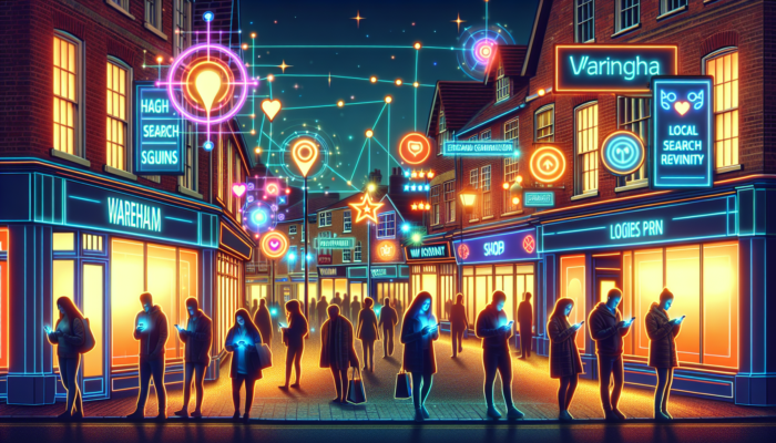 A bustling street in Wareham, UK, with shops displaying Google My Business profiles on digital signs, as people view high search rankings and reviews on smartphones.