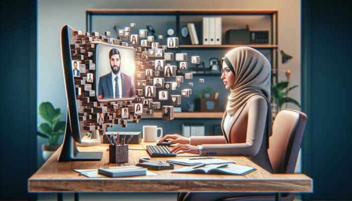 A recruiter screens virtual assistants on a large curved monitor with video interviews, surrounded by resumes, notes, and a coffee mug in a modern office.