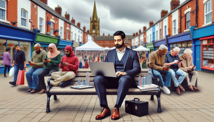 A bustling Sturminster Newton market: Small business owner reviews Google Ads on a laptop, locals view targeted digital ads on phones.