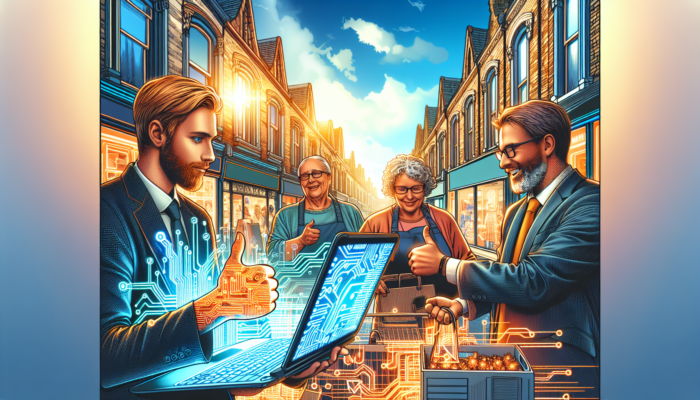 Bideford street scene: shop owners analysing social media on a laptop, leading staff training, and collecting community feedback under sunny skies.