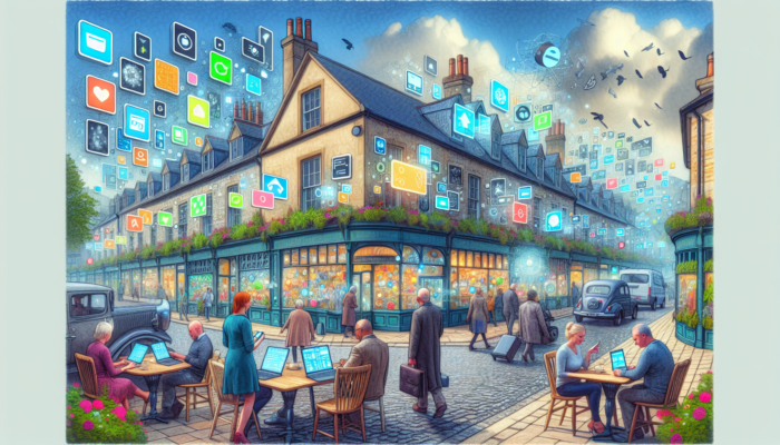 Illustration of Shepton Mallet's high street with small businesses displaying modern, responsive websites on laptops, tablets, and smartphones, featuring diverse users engaging digitally.