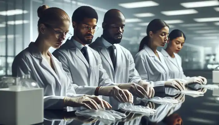 Experts in white lab coats examine clear vinyl gloves in a sterile laboratory for low-risk tasks, with charts and modern equipment.
