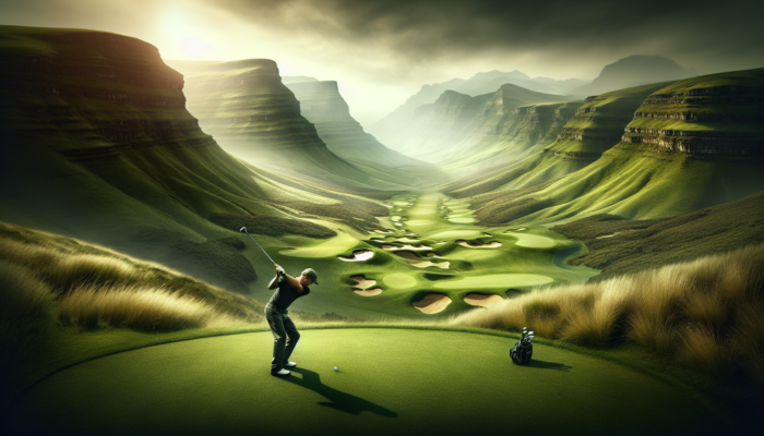 A golfer swings a fade shot on a rugged Drakensberg course, ball curving over undulating slopes and hazards amid misty mountains and vibrant greens.