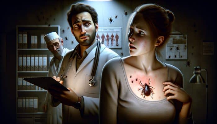A perplexed doctor in a dimly lit clinic examines a patient's subtle bull's-eye rash, with overlooked ticks lurking in shadows.