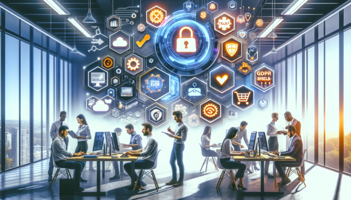 Developers in a modern Ferndown office coding a secure e-commerce platform with intuitive interfaces, shopping carts, payment gateways, and GDPR shields for trusted shopping.