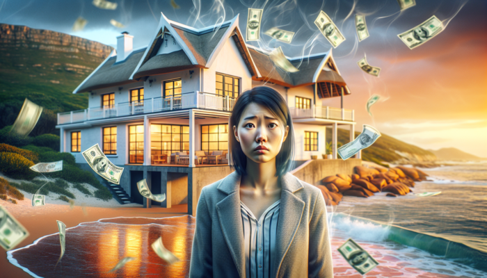A stressed first-time buyer in Plettenberg Bay stands before a coastal home, surrounded by ghostly bills and coins symbolizing hidden costs and regret.