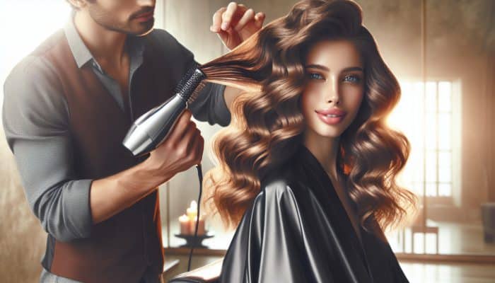 A hairstylist refines a flip hairstyle on a young woman with voluminous waves in a sunlit salon, showcasing glossy strands and a confident smile.