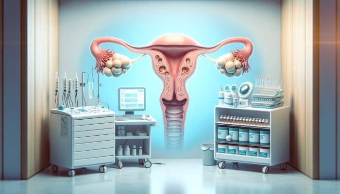 Understanding AMH, FSH, LH in Fertility: Illustration of a woman's ovaries with decreasing egg count, symbolizing low AMH levels and fertility challenges in a modern UK clinic with hormone graphics and IVF tools.