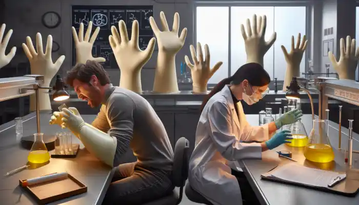 Worker in chemical lab wearing oversized gloves slipping while handling hazardous liquids, contrasted with tight gloves causing hand strain.