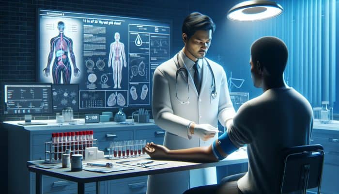 A doctor draws blood from a patient's arm for TSH testing in a clinic, with thyroid illustrations and graphs on the wall under soft blue lighting.