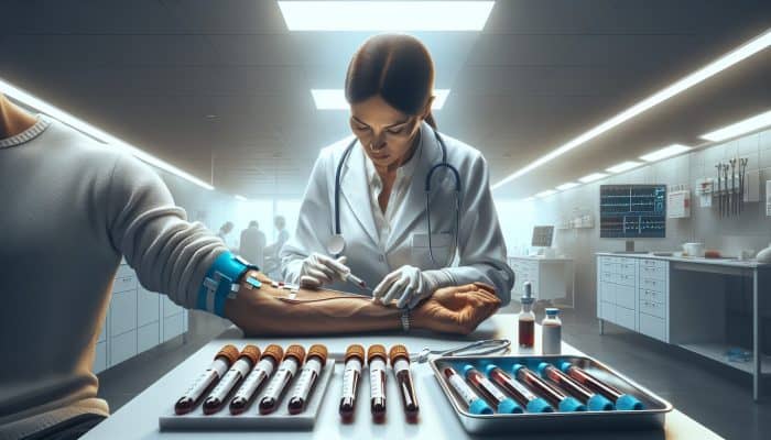 A nurse in a white coat draws blood from a patient's arm with a syringe, cholesterol test tubes on a nearby tray in a clinic.