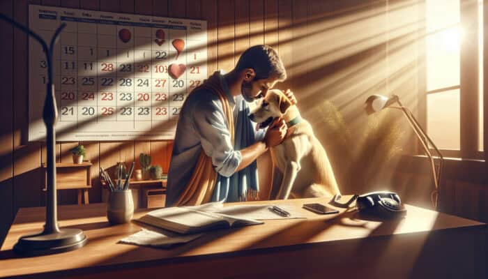 Pet owner checks a recovering dog in a sunlit room, with a follow-up calendar and phone nearby.