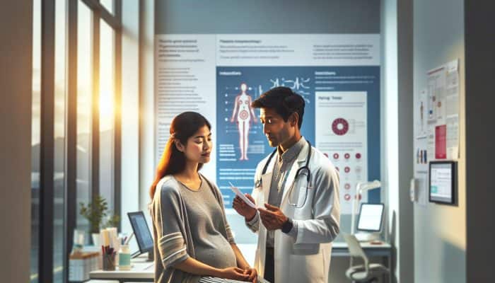 A serene woman in a modern Kirkby clinic consults a healthcare provider and reviews phone instructions for a pregnancy blood test.