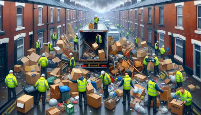 Workers in hi-vis vests load furniture and boxes into a truck during Preston house clearance, as a foreman reviews cost estimates under a grey sky.
