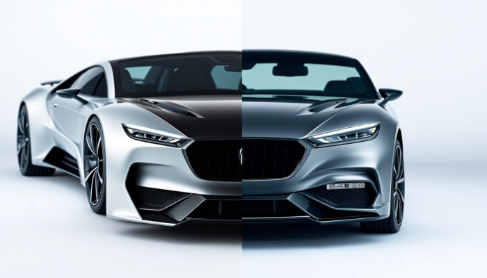 Side-by-side comparison of two distinct models: one with a sleek, modern design and futuristic elements, and the other with a traditional, classic appearance, showcasing contrasting colors, textures, and materials.