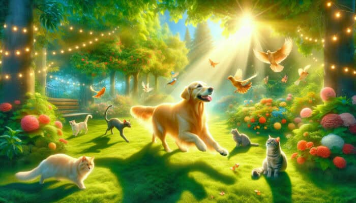 A cheerful golden retriever playing fetch with its owner in a sunny park, surrounded by cats and birds amid lush greenery and flowers.