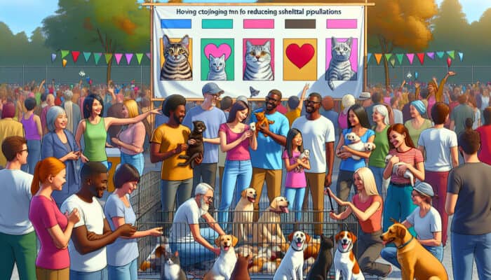 A vibrant pet adoption event in a community park, showcasing volunteers, enthusiastic dogs and cats, families selecting pets, and banners advocating for animal welfare.