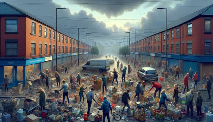 Residents sorting cluttered garage items on a bustling Manchester street, consulting authorities and sharing resources under overcast skies.